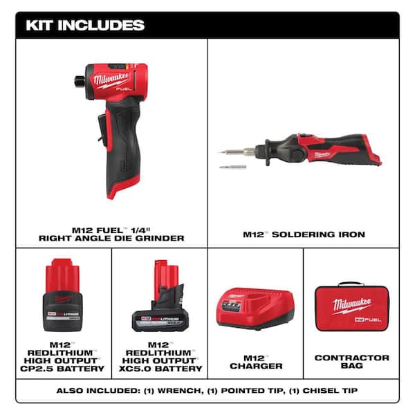 M12 FUEL 12V Lithium-Ion Brushless Cordless 1/4 in. Right Angle Die Grinder with M12 Cordless Soldering Iron