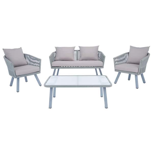SAFAVIEH Belmi Gray 4-Piece Wicker Patio Conversation Set with Gray Cushions
