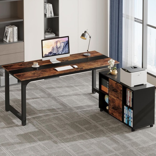 71 in. L-Shaped Brown Wood 2-Drawer Computer Desk with Storage Cabinet for Office Workstation Business Furniture Set