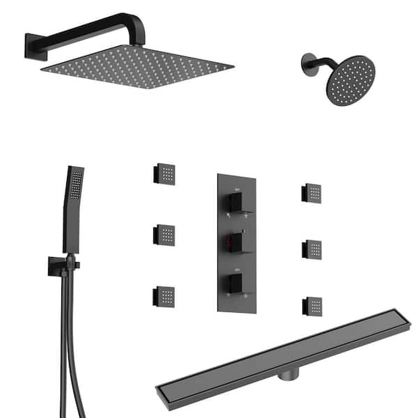 Thermostatic 8-Spray 12 and 6 in. Dual Shower Head and Body Jet Shower System with Linear Shower Drain in Matte Black