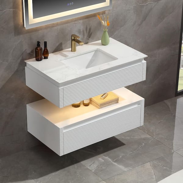 Wilton 36 in. W x 20.8in. D x 19.6 in. H Floating Bathroom Vanity Set in White with White Engineer Marble Countertop
