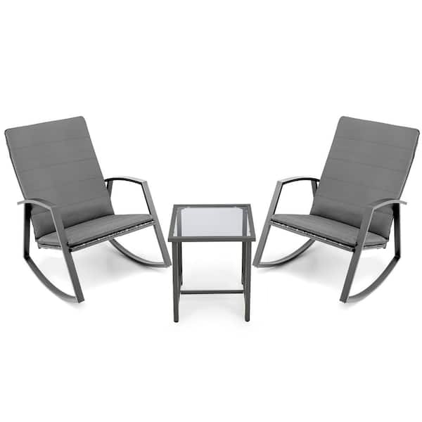 Costway 3-Piece Wicker Patio Conversation Set Rattan Rocking Chair Table Furniture Set Yard with Gray Cushion