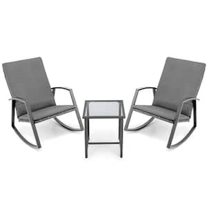 3-Piece Wicker Patio Conversation Set Rattan Rocking Chair Table Furniture Set Yard with Gray Cushion