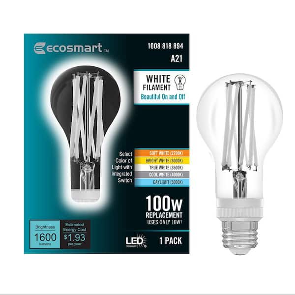 EcoSmart 100-Watt Equivalent A21 Dimmable White Filament CEC Clear Glass E26 Medium Base LED Light Bulb Selectable White (1-Bulb)