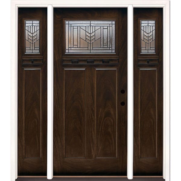 Feather River Doors 63.5 in.x81.625in.Phoenix Patina Craftsman Stained Chestnut Mahogany Left-Hd Fiberglass Prehung Front Door w/Sidelites