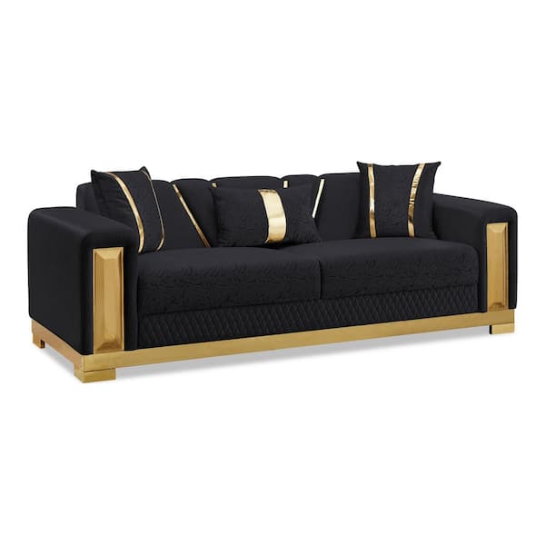 Jayda 92 in. Soft Curved Square Arms Polyester Upholstered Fabric Rectangular Sofa in Black and Gold with Tight Back