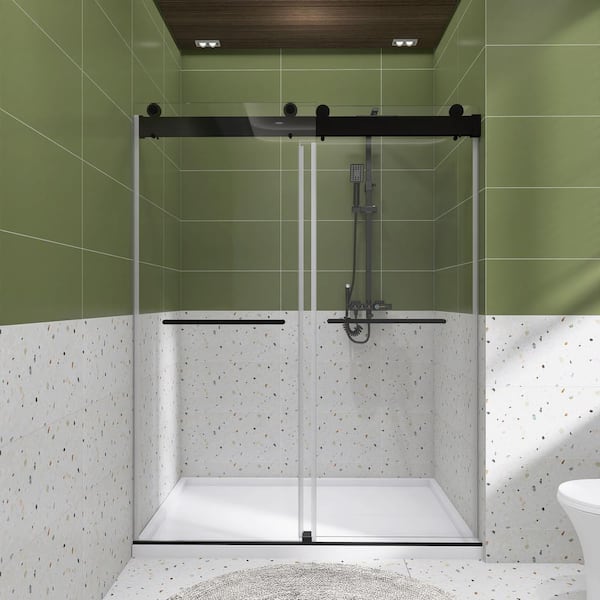 Staykiwi 56 to 60 in. W. x 76 in. H Double Sliding Frameless Soft-Close Shower Door in Matte Black with Tempered Glass