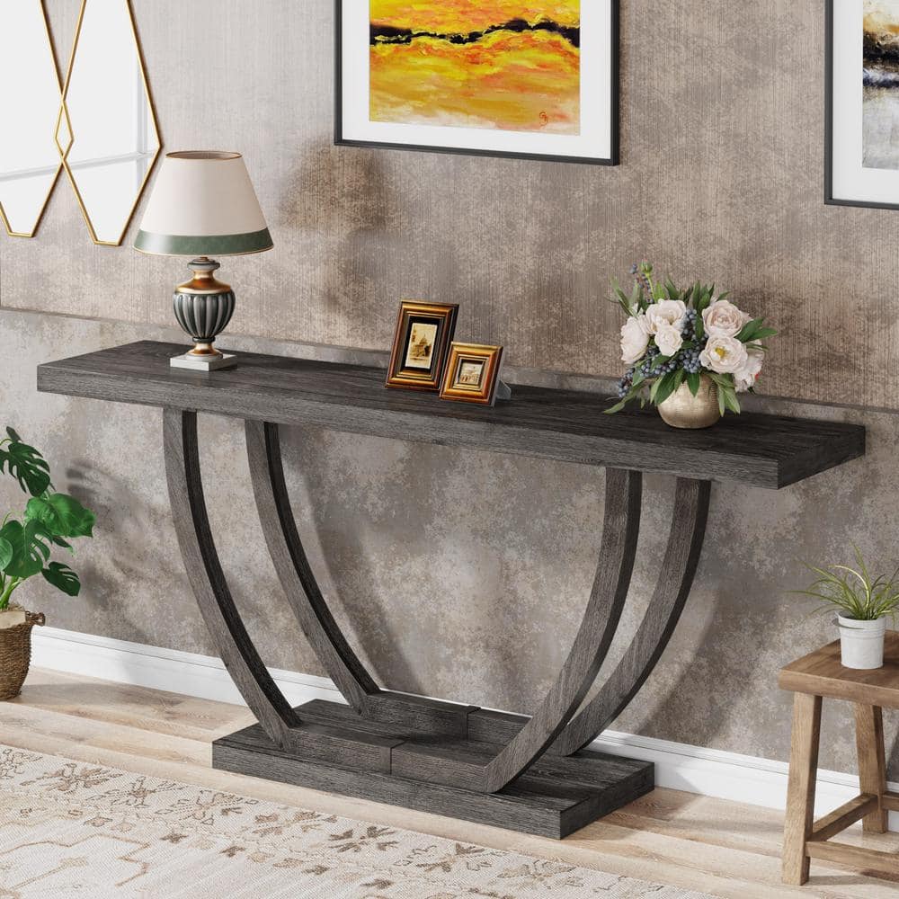 Gray 63-Inch Farmhouse Wood and Metal Console Table with Storage