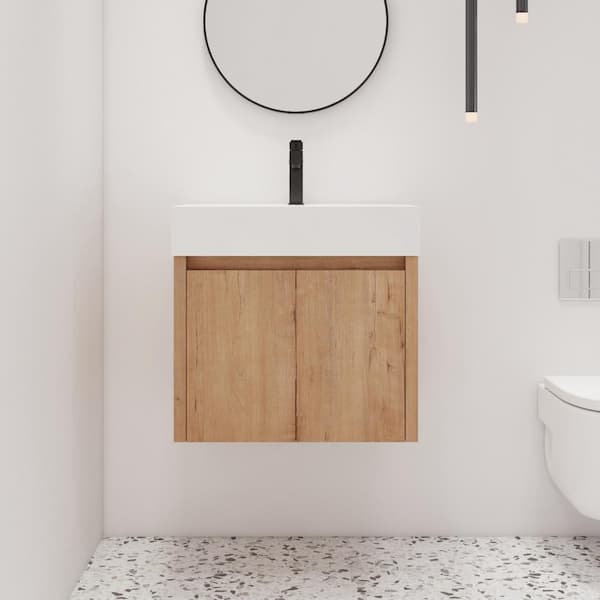 ARTCHIRLY 23.6 in. W x 18.1 in. D x 22.4 in. H Wall-Mounted Bath Vanity in Light Brown with White Resin Vanity Top