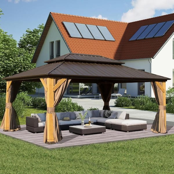 Daheat Sandgo 16 ft. x 12 ft. Hardtop Cedar Wood Frame Gazebo in Brown with Double Galvanized Steel Roofs and Mosquito Net