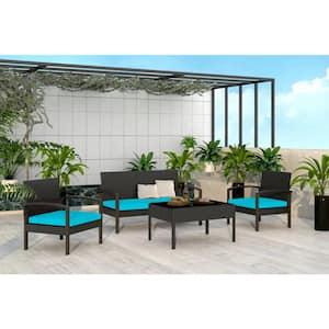 Black 4-Piece PE Wicker Rattan Outdoor Patio Furniture Conversation Set with Blue Cushions