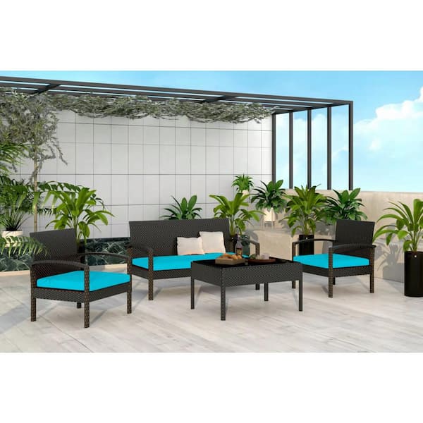 Afoxsos Black 4-Piece PE Wicker Rattan Outdoor Patio Furniture Conversation Set with Blue Cushions