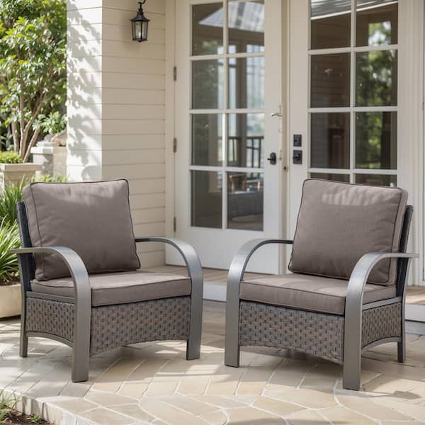 Porch Brown Wicker Outdoor Lounge Chair with Gray Cushions and Curved Metal Armrest (2-Pack)