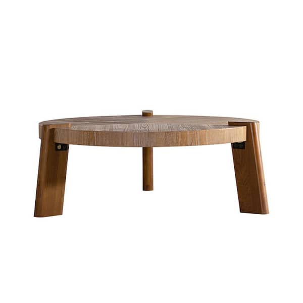 37 in. Brown Round Solid Wood Coffee Table, Minimalist Living Room Center Table with Organic Texture
