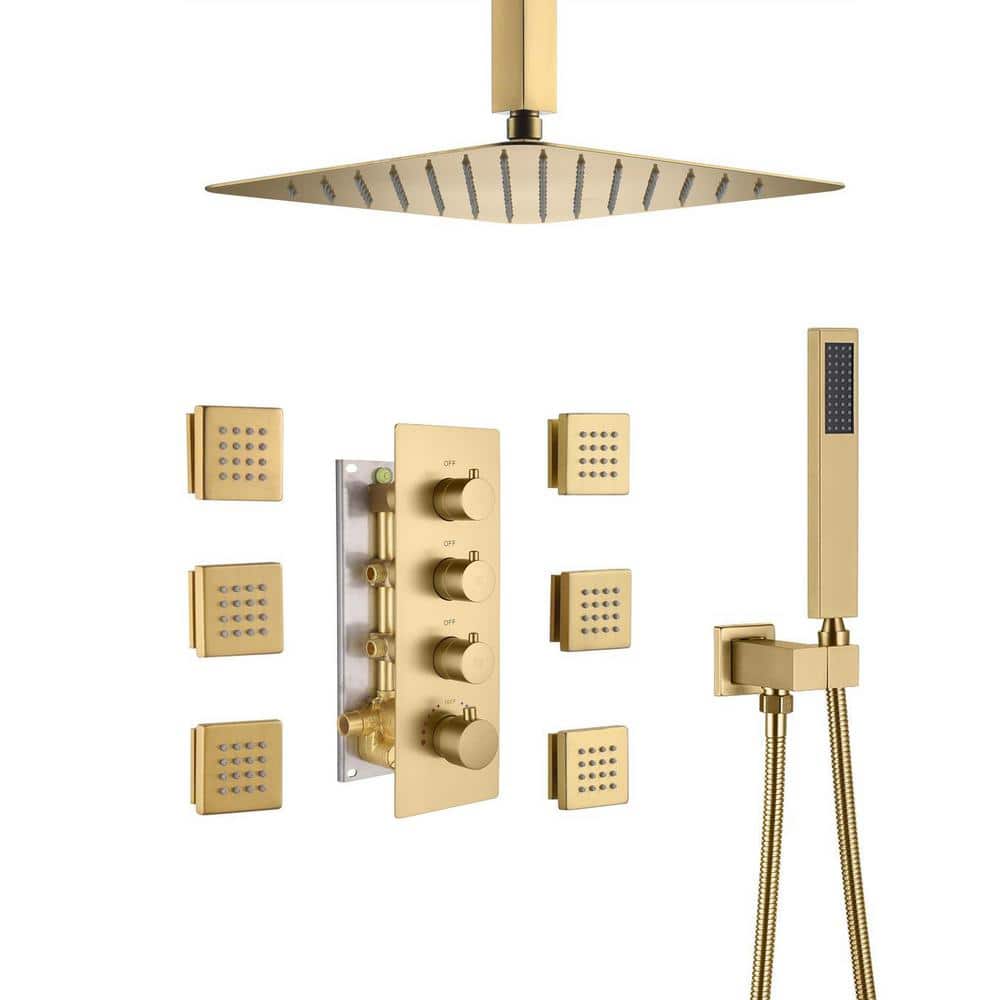 Brushed Gold 12" Stainless Steel Ceiling Mounted Shower System with 6 Body Jets