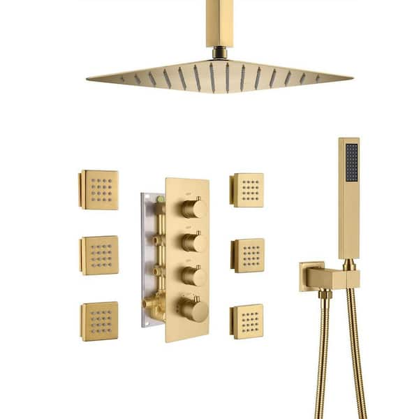 Luxury Thermostatic 3-Spray 12 in. Dual Shower Head Ceiling Mount Fixed and Handheld Shower Head 2.5 GPM in Brushed Gold