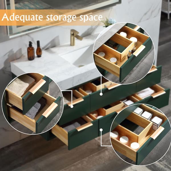 48 in. W X 20.7 in. D X 21.3 in. H Floating Bathroom Vanity in Green solid Oak/White Marble Countertop and Lights