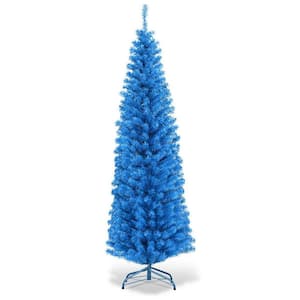 6 ft. Blue Unlit Slim Pencil Artificial Christmas Tree with Metal Base