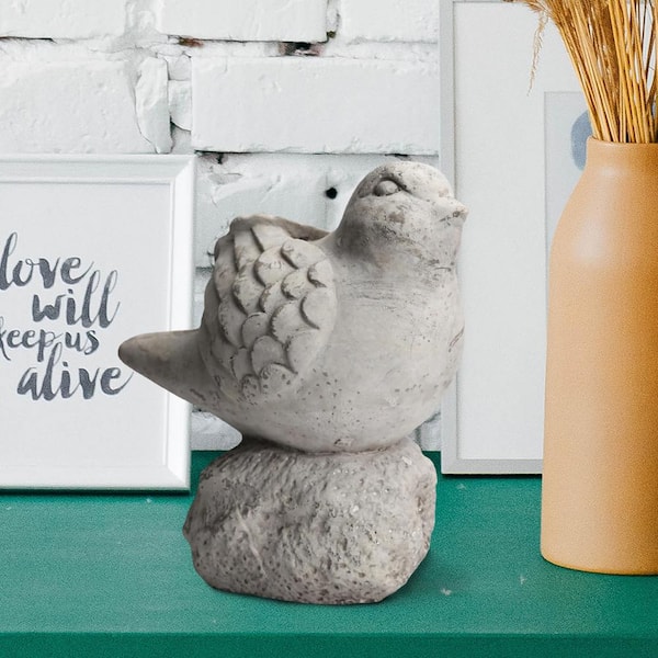 Benjara Distressed Gray Cement Bird Figurine Sitting on a Hollow Rock Large
