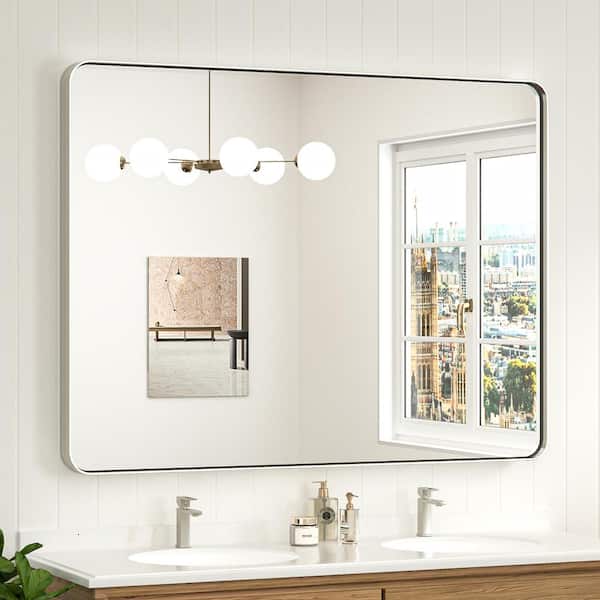 KeonJinn 48 in. W x 36 in. H Modern Rectangular Brushed Nickel Aluminum Framed Wall Bathroom Vanity Mirror
