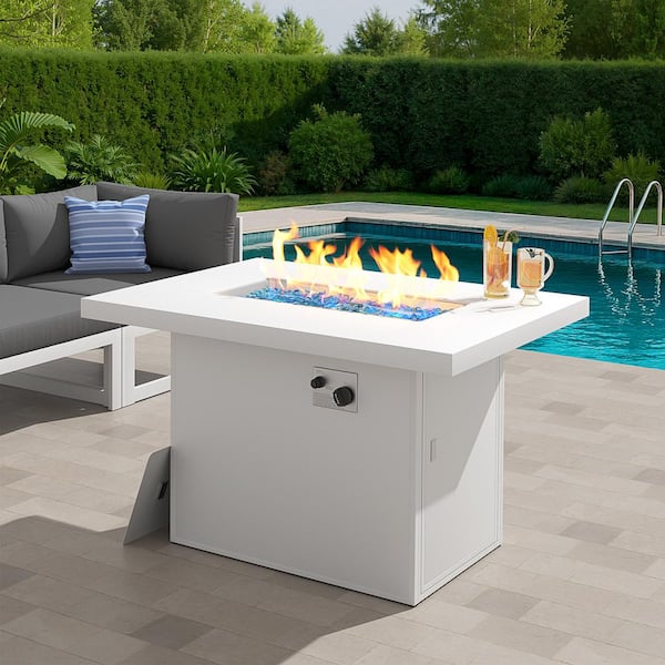 Unbranded 43 in. 60000 BTU Outdoor White Rectangular Aluminum Propane Gas Fire Pit Table with Glass Wind Guard and Cover