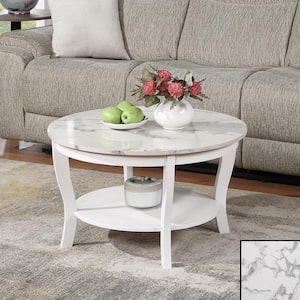 American Heritage 30 in. White Round Faux Marble Top Coffee Table with Shelf