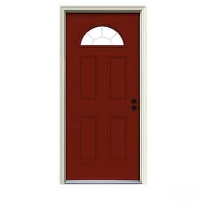 34 in. x 80 in. Fan Lite Mesa Red Painted Steel Prehung Left-Hand Inswing Front Door w/Brickmould