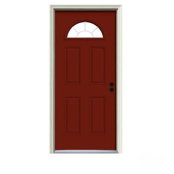 JELD-WEN 34 in. x 80 in. Fan Lite Mesa Red Painted Steel Prehung Left-Hand Inswing Front Door w/Brickmould