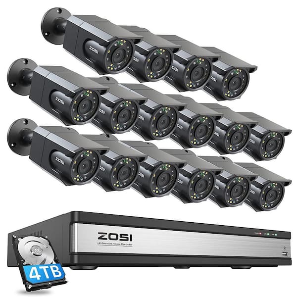ZOSI 16-Channel 8 MP 4K PoE 4TB NVR Security Camera System with 16 Wired Spotlight Cameras, 100ft Color Night Vision