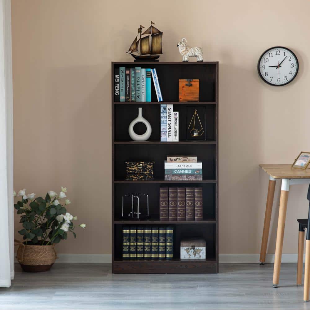 60" Tall Dark Brown Wooden Adjustable 5-Shelf Freestanding Bookcase