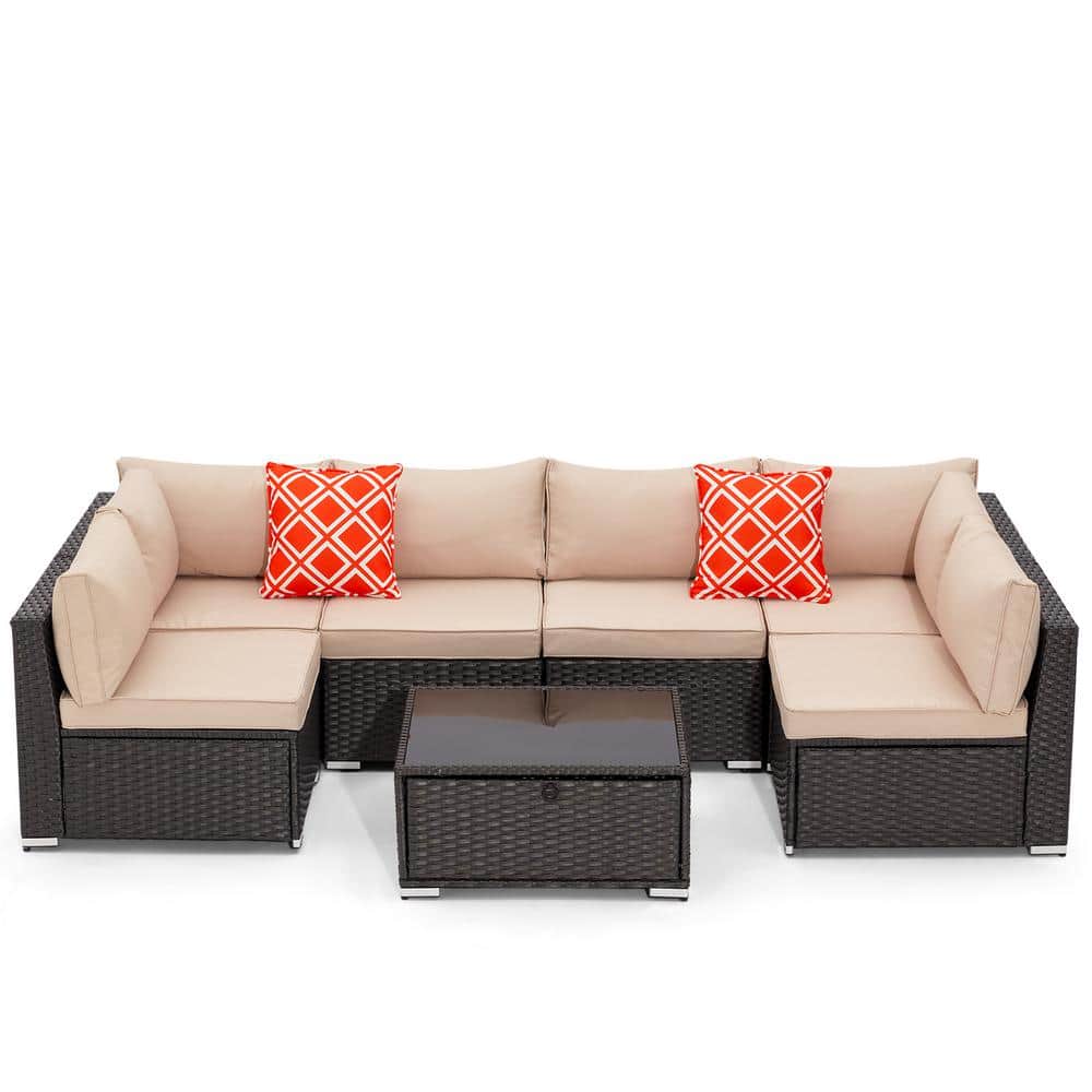 7-Piece Outdoor Patio Furniture Set, PE Rattan Patio Conversation Set with 