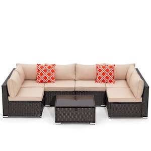 7-Piece Outdoor Patio Furniture Set, PE Rattan Patio Conversation Set with Glass Table, Khaki Cushions and Pillows