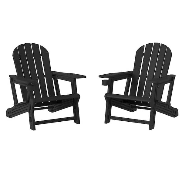 Coastline Black Outdoor Patio All Weather Poly Plastic Adirondack Chair with Cup Holder (Set of 2)