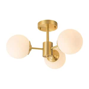 Ceder 18.9 in.W 3-Light Brass Modern Semi-Flush Mount Chandelier with Globe Opal Frosted Glass Shade