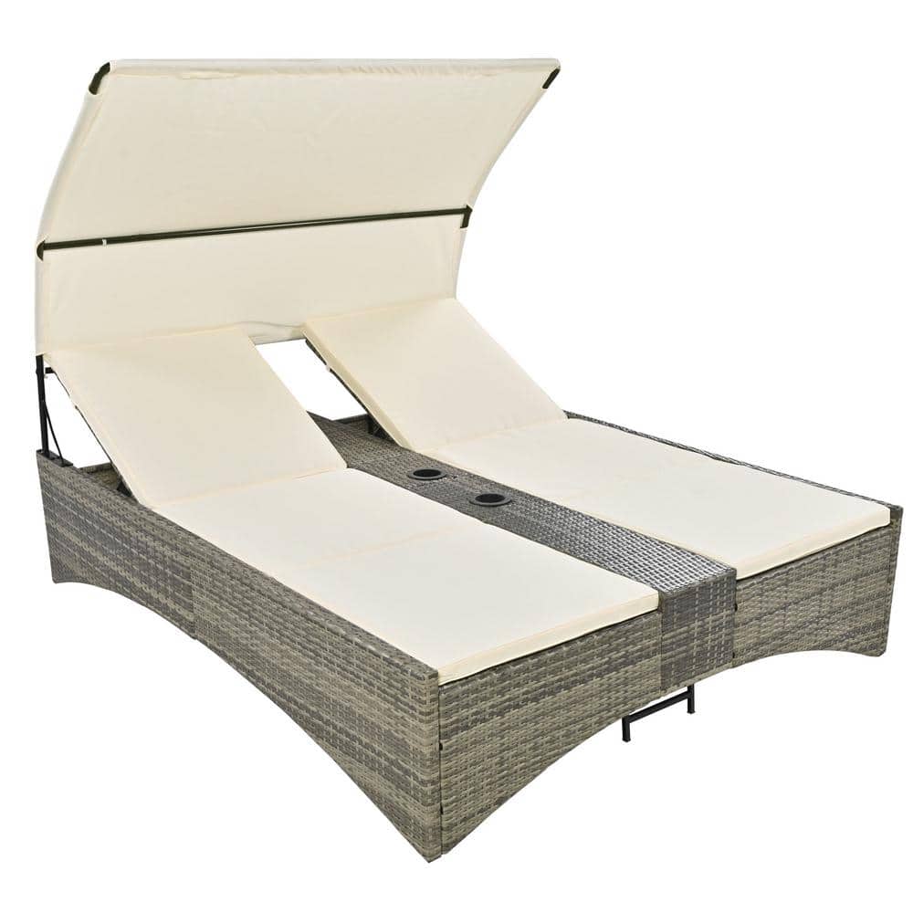 Wicker Outdoor Day Bed with Beige Cushions, Outdoor Rattan Sun Lounger with