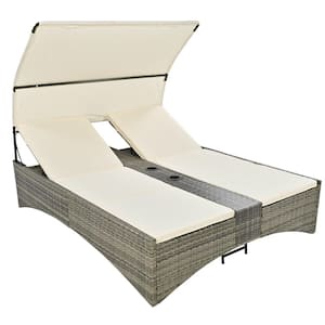 Wicker Outdoor Day Bed with Beige Cushions, Outdoor Rattan Sun Lounger with Shelter Roof,Adjustable Backrest Storage Box