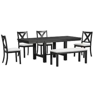 Black 6-Piece Extendable Dining Table with Footrest, 4 Linen Upholstered Chairs and One Bench, Two 11"Removable Leaves