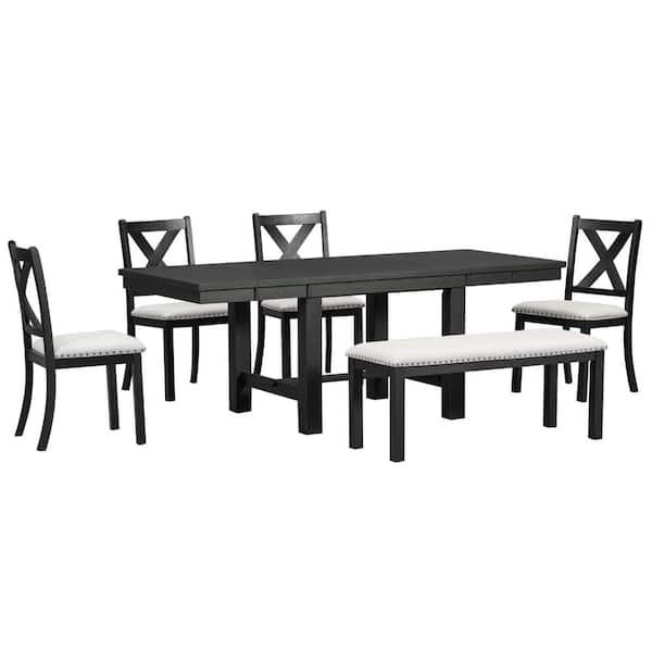 Harper & Bright Designs Black 6-Piece Extendable Dining Table with Footrest, 4 Linen Upholstered Chairs and One Bench, Two 11"Removable Leaves