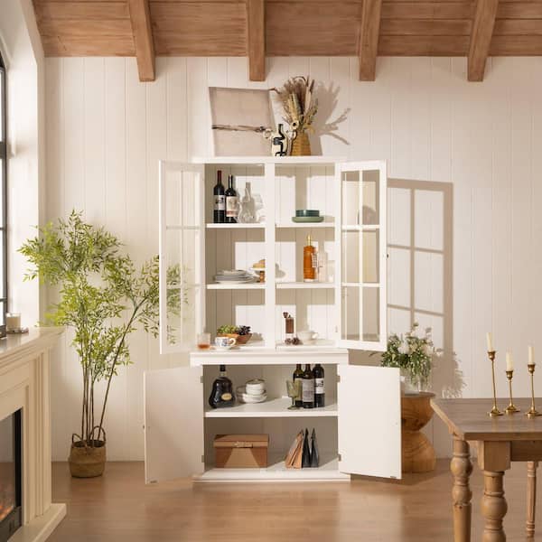 White 75.25 in. Accent Cabinet, Pantry Cabinet with Glass Door, Storage, Hutch with Lattice Window