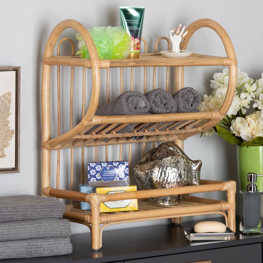 Natural Brown Rattan 2-Tier Display Shelf
