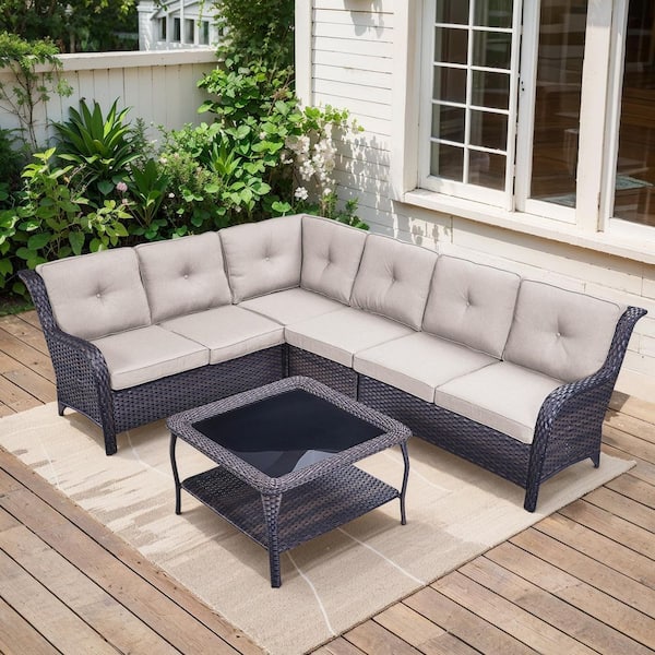 moosprr 3-Piece Brown Wicker Outdoor Sectional Set with Olefin Beige Cushions and L-Shaped Sofa/Coffee Table