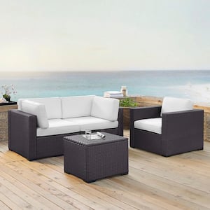 Biscayne 3-Person Wicker Outdoor Seating Set with White Cushions - 2 Corner Chairs, 1 Arm Chair, 1 Coffee Table
