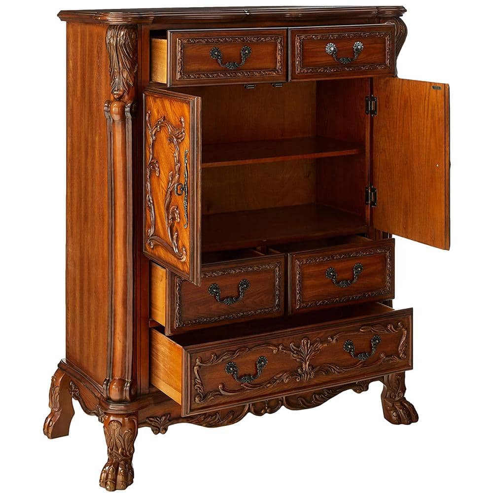 Dresden Cherry Oak 5-Drawer Chest with Carved Details