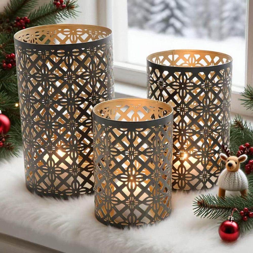 Helena Series Black and Gold Iron Pierced Metal Lanterns 3-Pack