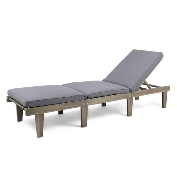 Unbranded Acacia Wood Outdoor Chaise Lounge with Water-Resistant Gray Cushions-78.75 in. Outdoor Patio Poolside Lounger