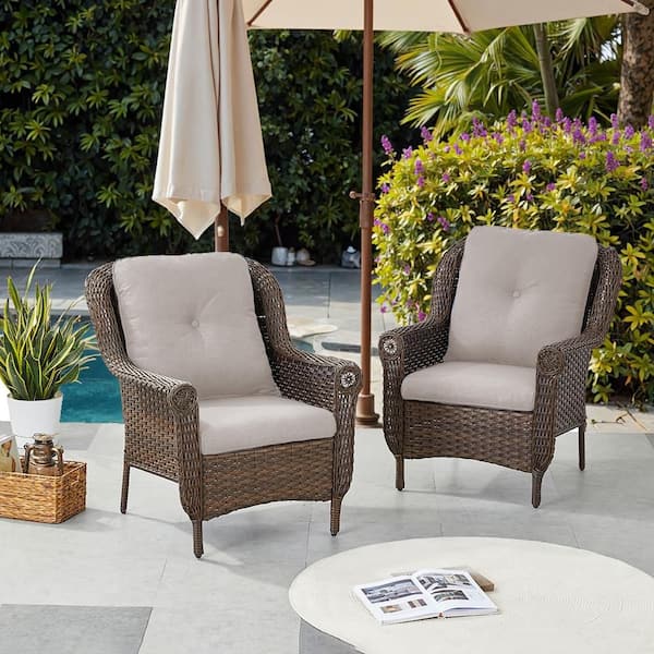 Chrysanthemum Armrest Series 2-Pack Outdoor Brown Wicker Outdoor Lounge Chair with CushionGuard Beige Cushions
