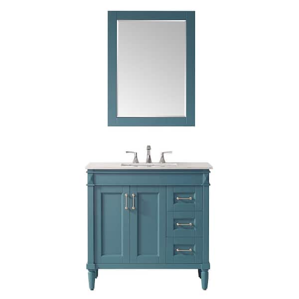ROSWELL Catania 36 in. Bath Vanity in Green with Marble Vanity Top in White with White Basin and Mirror