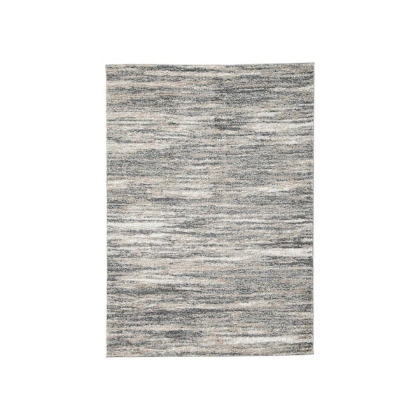 Benjara Modern Ivory/Beige/Gray 8 ft. x 10 ft. Smokey Lined Design Polypropylene Fabric Area Rug