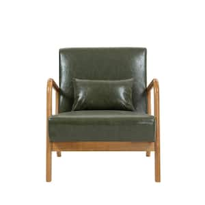 Mid-Century Hunter Green Wood Frame Faux Leather Upholstered Accent Arm Chair With 1 Pillow(set of 1)