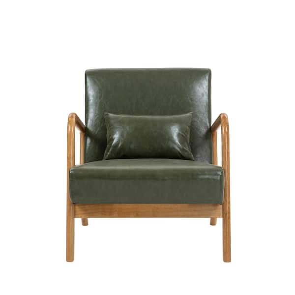 Mid-Century Hunter Green Wood Frame Faux Leather Upholstered Accent Arm Chair With 1 Pillow(set of 1)